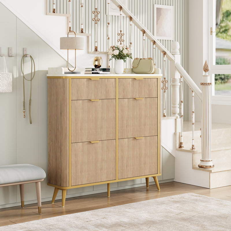 Fluted Shoe Cabinet Storage, Modern Slim Shoe Organizer Cabinet With 4 Flip Drawers & 2 Drawers, Wooden Freestanding Shoe Rack Cabinets For Entryway, Foyer, Hallway, Natural Oak