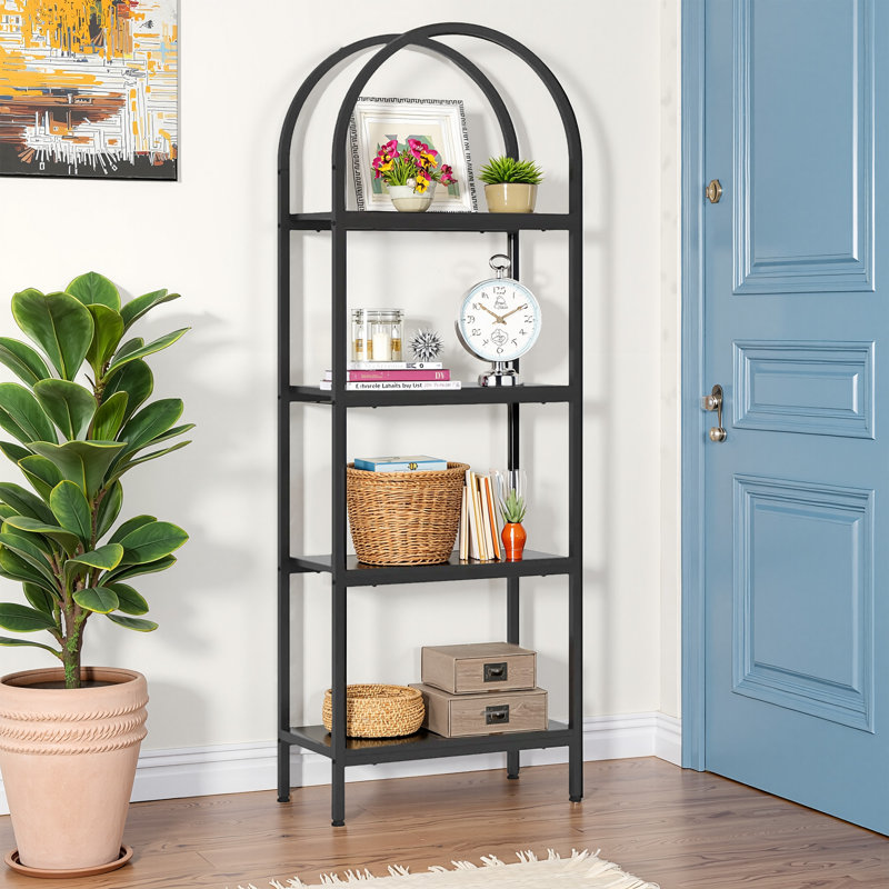 Laddie Arched Bookcase, 4-Tier Storage bookshelf, Black