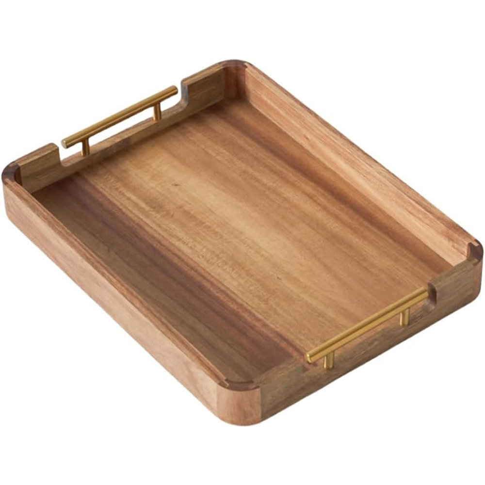 Millwood Wood Serving Tray With Metal Handles - Decorative Ottoman Tray For Coffee Table, Breakfast In Bed, Candle Display, Anti-skid Pads, Stylish Home & Kitchen Decor | Wayfair