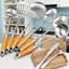Ensemble d'ustensiles de cuisine 6 pièces en acier inoxydable avec poignées en bois - Spatule, louche, cuillère d'écumoire, cuillère à pâtes, grande cuillère, tourneur à fentes