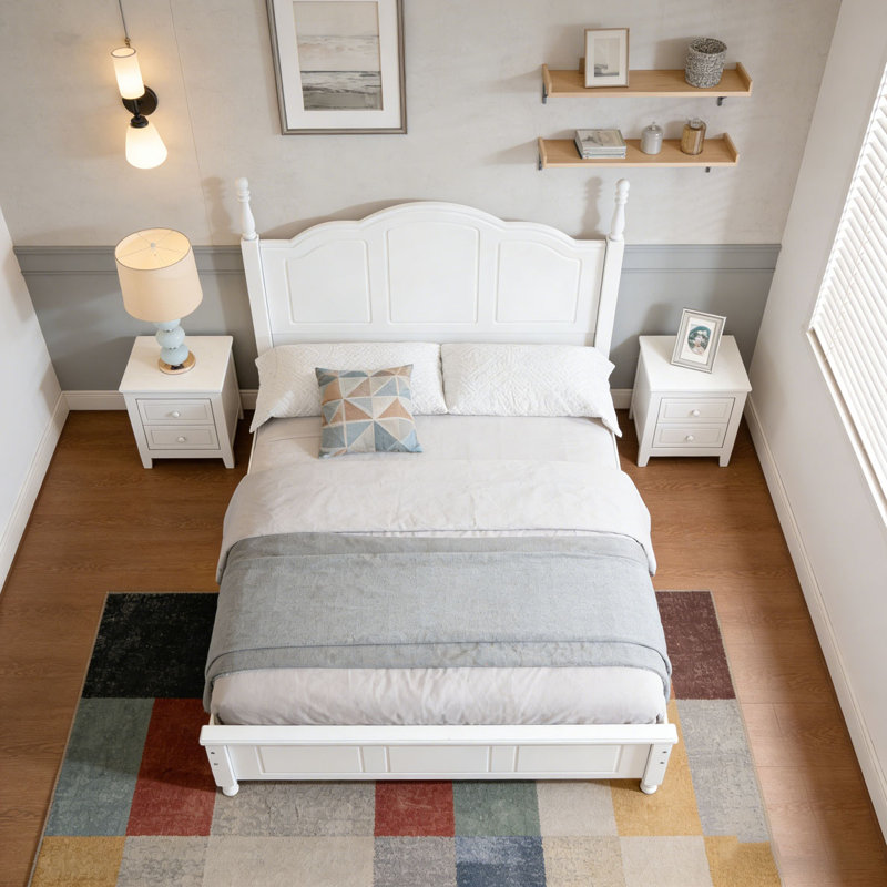 Base de lit plateforme en bois, lit plateforme de style rétro avec support en lattes de bois, Blanc, Lit double