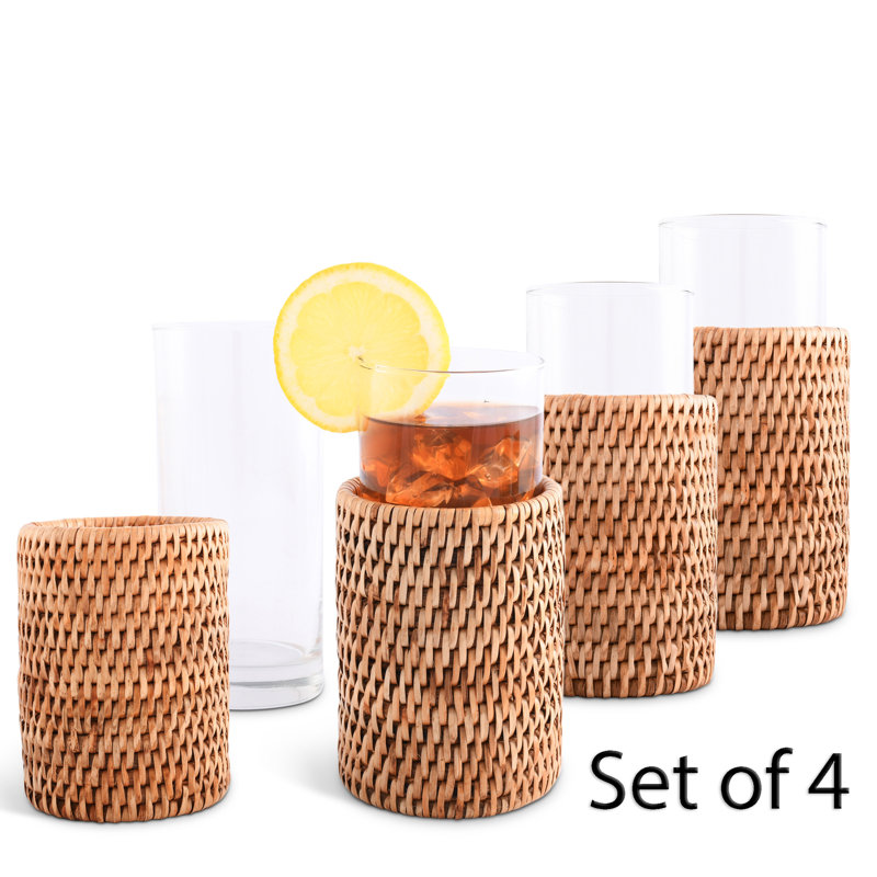 Handwoven Rattan Wrapped Clear Glass Tumblers Set of 4