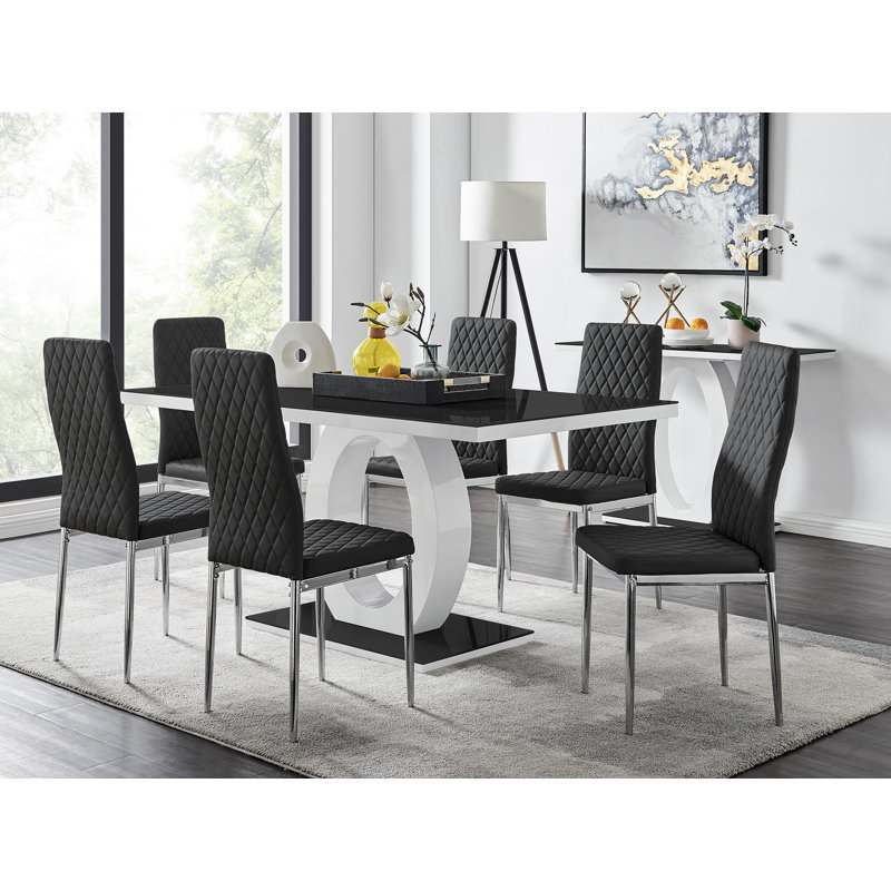 Scottsmoor Modern High Gloss Halo Dining Table Set with Luxury Faux Leather Dining Chairs, Black