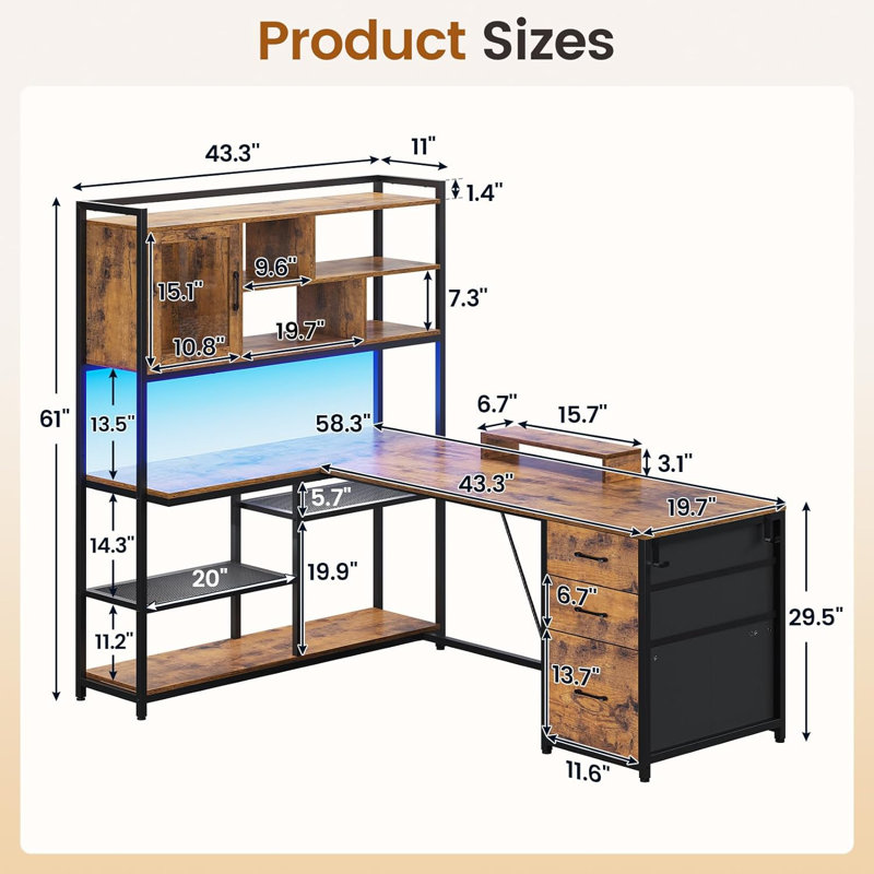 Bureau d'ordinateur en L avec huche 58,3 po Barbarino, Brun rustique