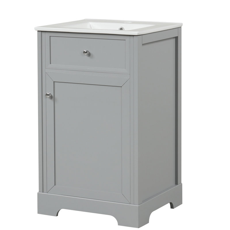 Meuble-lavabo de 20 po gris. Fabrication de planches, lavabo en céramique. Armoire de rangement avec porte et tablette réglable. Lavabo d'ingrédient moderne, gris.