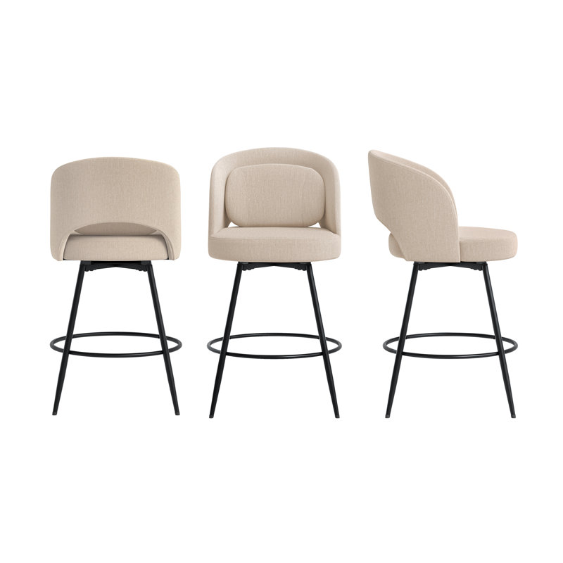 Tabouret de comptoir pivotant H 26 po avec structure en métal, Chameau clair / lin, 3