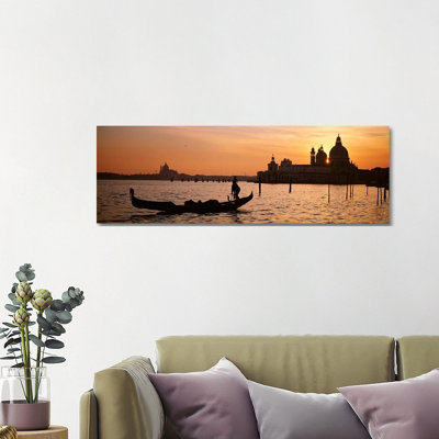 Silhouette Of A Gondola In A Canal At Sunset, Santa Maria Della Salute, Venice, Italy - Wrapped Canvas Panoramic Print