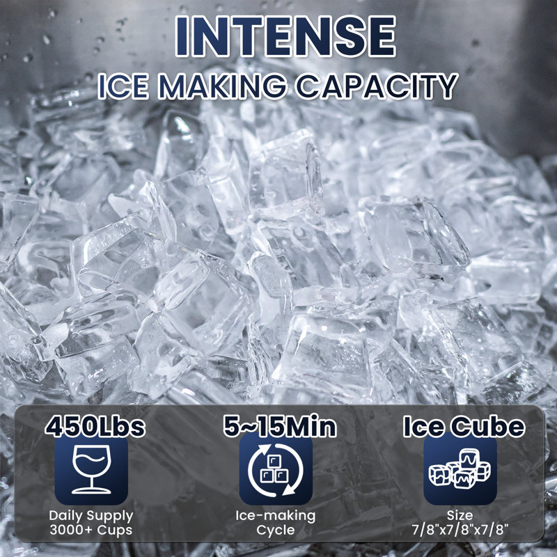 Machine à glaçons commerciale Coolake de 450 lb avec un grand espace de rangement de 360 lb, machine à glaçons autoportante en acier inoxydable à refroidissement par cube de 22 pouces pour restaurant Church Hotel, répertorié Doe Etl