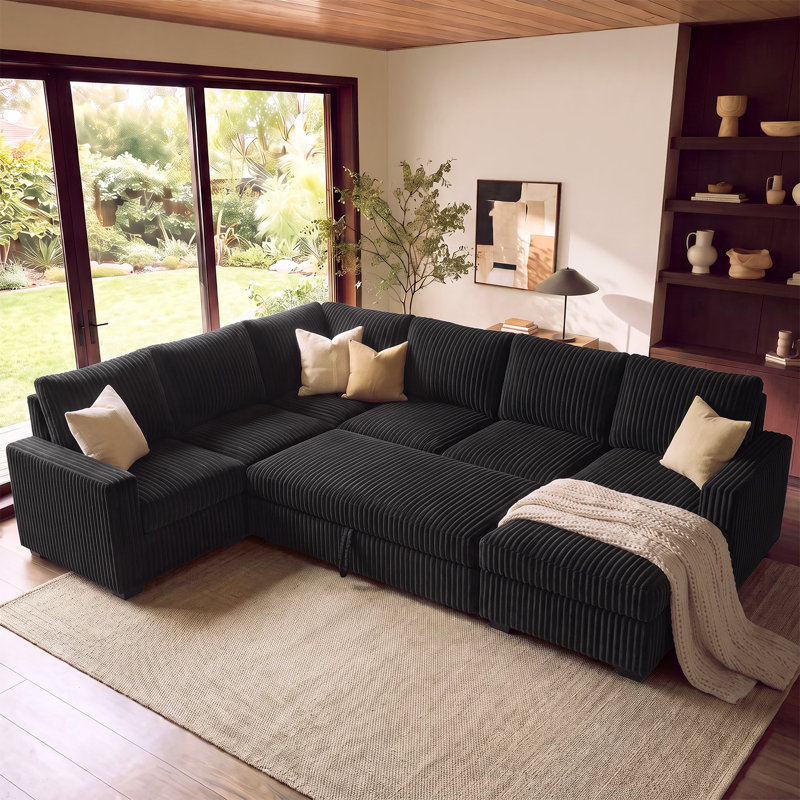 111.4 " Corduroy Corner Sectional, Black Corduroy