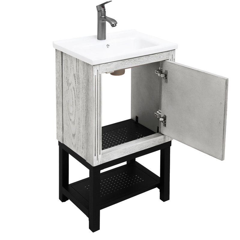 Armoire de salle de bain autoportante de 20 pouces avec lavabo en céramique blanche, robinet en aluminium texturé, 1 porte et tablettes creuses, meuble-lavabo avec cadre de rangement oxydé et tablette ouverte en fer,