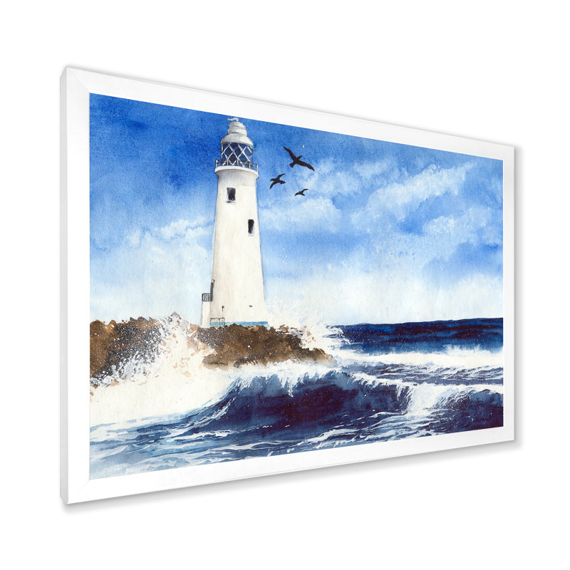 Phare sur une île rocheuse avec des mouettes - Peinture sur toile, H 16 po x l 32 po x P 1,5 po, Toile blanche encadrée