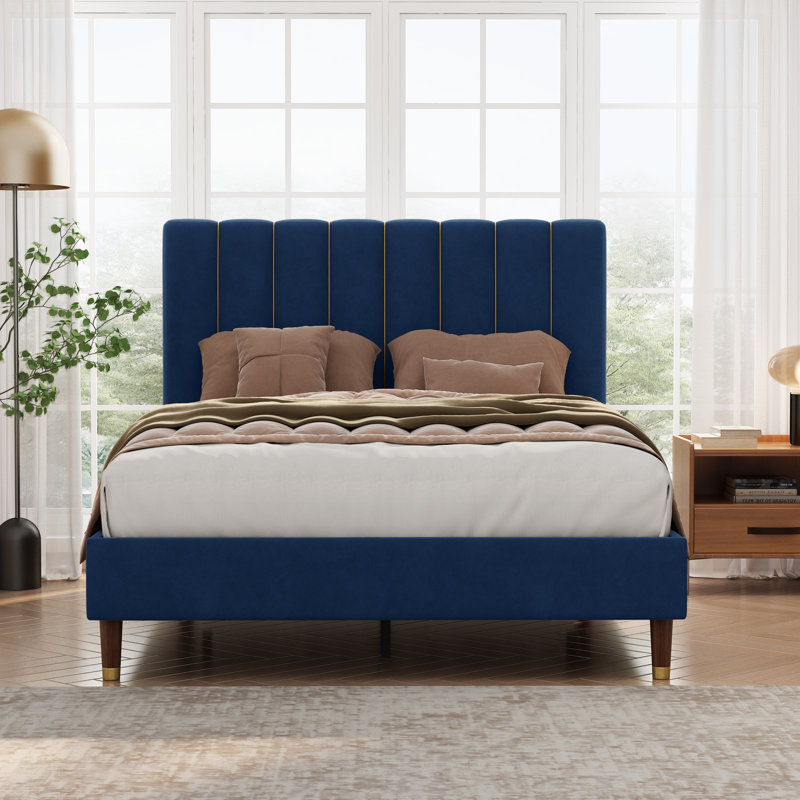 Lit plateforme tapissier Carmesa, Double, Bleu marine