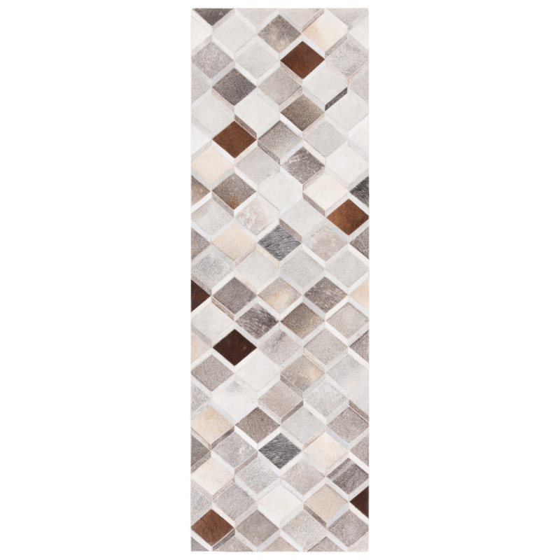 Sebring Hand Woven Leather/Felted Cloth Geometric Rug in Ivory/Gray, Runner 2'3" x 8'
