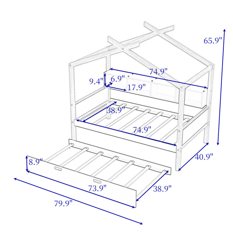 Twin Wooden Bed With Trundle And Bookshelf Storage