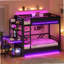 Lit superposé double en métal pleine grandeur avec bureau, deux tablettes de rangement et lumière DEL, noir