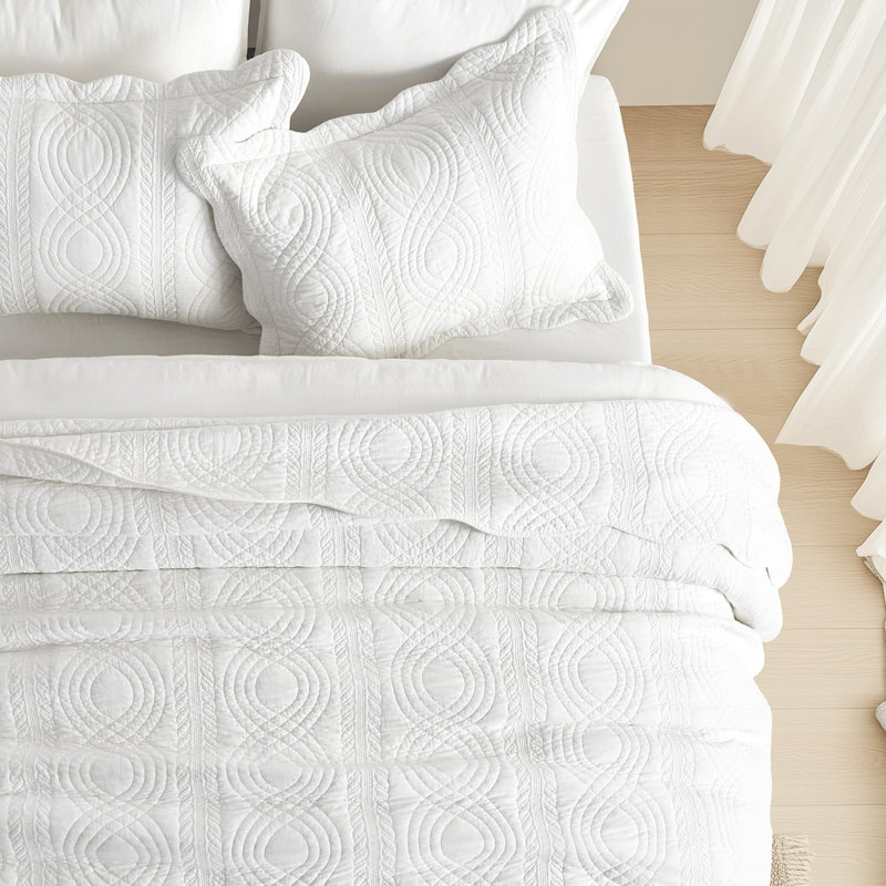 Ensemble de courtepointe 100% coton Scallop Edge, Courtepointe pour lit grand + deux taies décorati, Blanc brillant