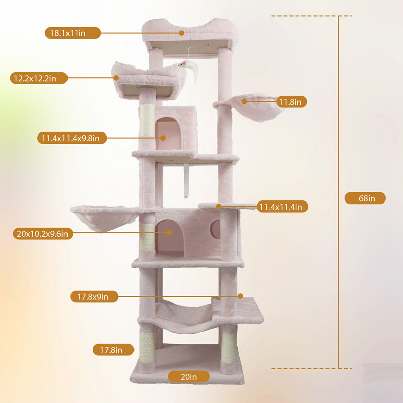 Tall Multi-Level Pink Cat Tree with Hammocks, Hanging Basket, Cat Cave, Removable Cushions, and Durable Scratching Posts for Indoor Cats