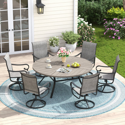 6-Person Round Patio Dining Set With 360° Swivel Textilene Rocking Chairs