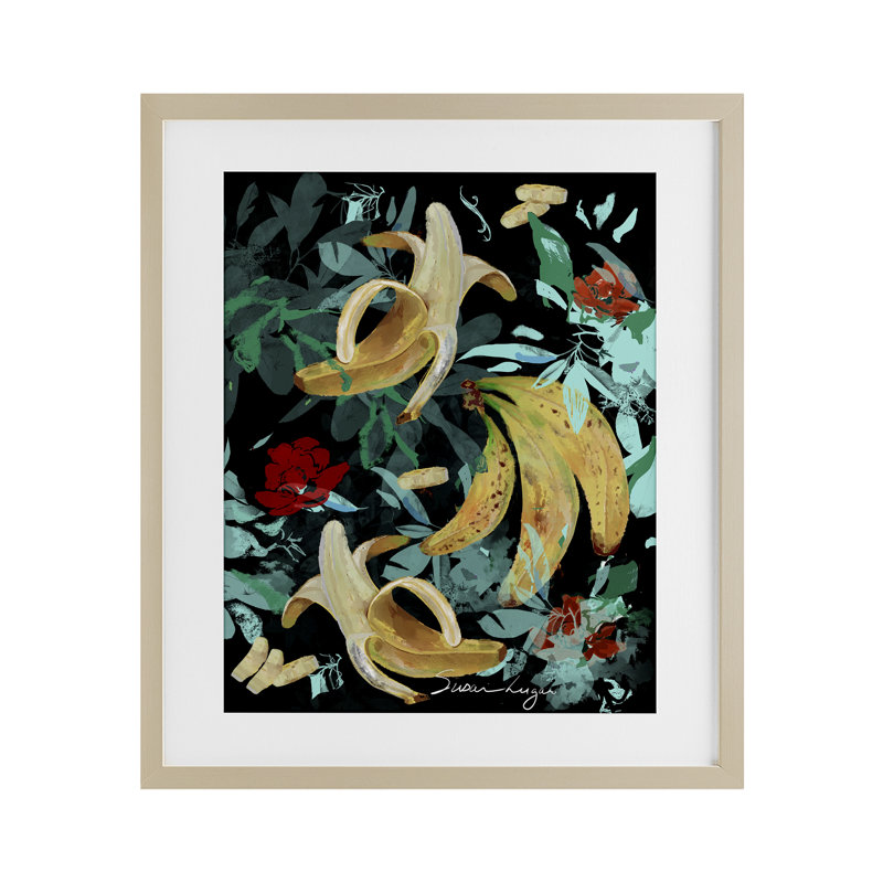 «Banana Medley», impression sous verre encadrée, conception par Susan Lugar, H 16 po x l 13 po, Cadre de récolte en pin