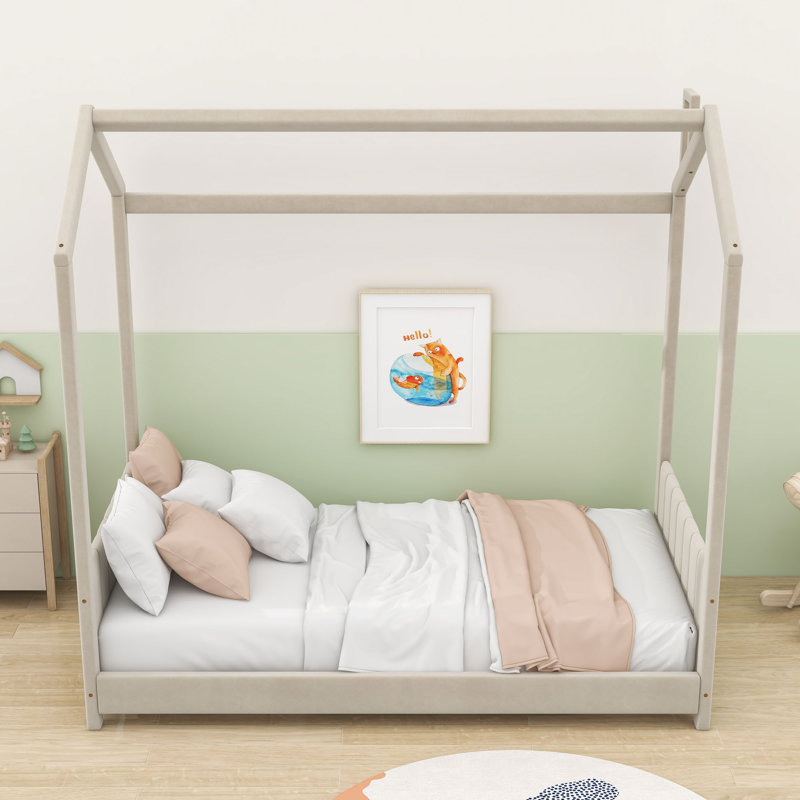Upholstered House Bed With Roof Design, Beige, Twin