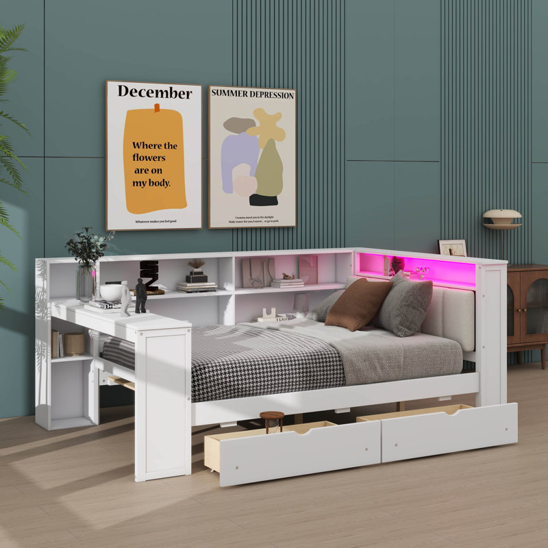 Lit plateforme double en bois avec rangement, station de charge, lumière DEL, bureau et tête de lit tapissier, Blanc