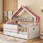 Lit double en forme de maison avec bibliothèque intégrée, blanc et rose-174556095-174556094