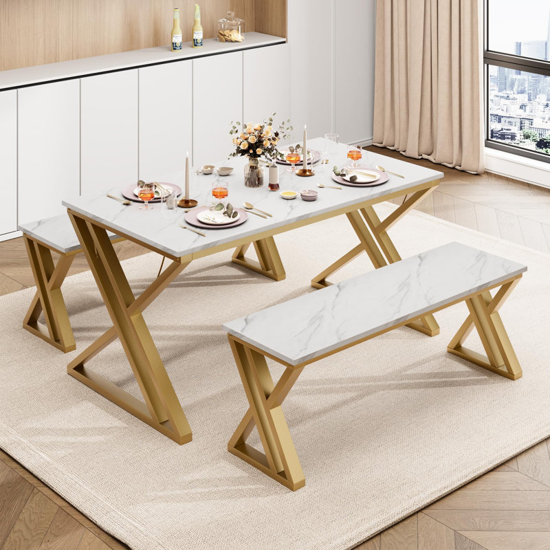 Square Dining Table Set for 4, Extendable Wooden Table with Upholstered Chairs, Compact Kitchen Set, White/Gold, White, Gold