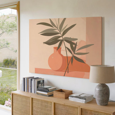 Art mural, nature morte, vase Canvaspeach avec branche verte et toile abstraite murale prête à accrocher