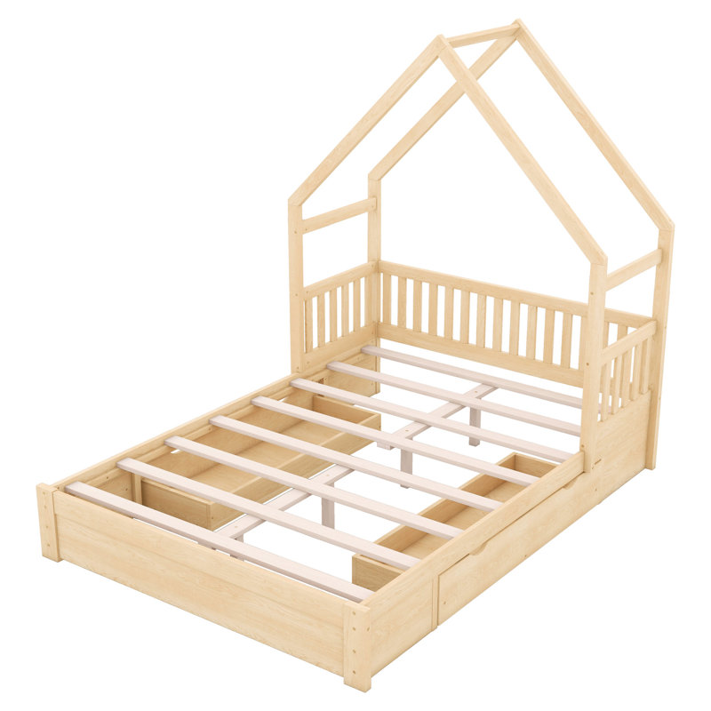 Grand lit plateforme en bois naturel avec garde-corps et deux compartiments à tiroirs de rangement pour 2 tiroirs fonctionnels