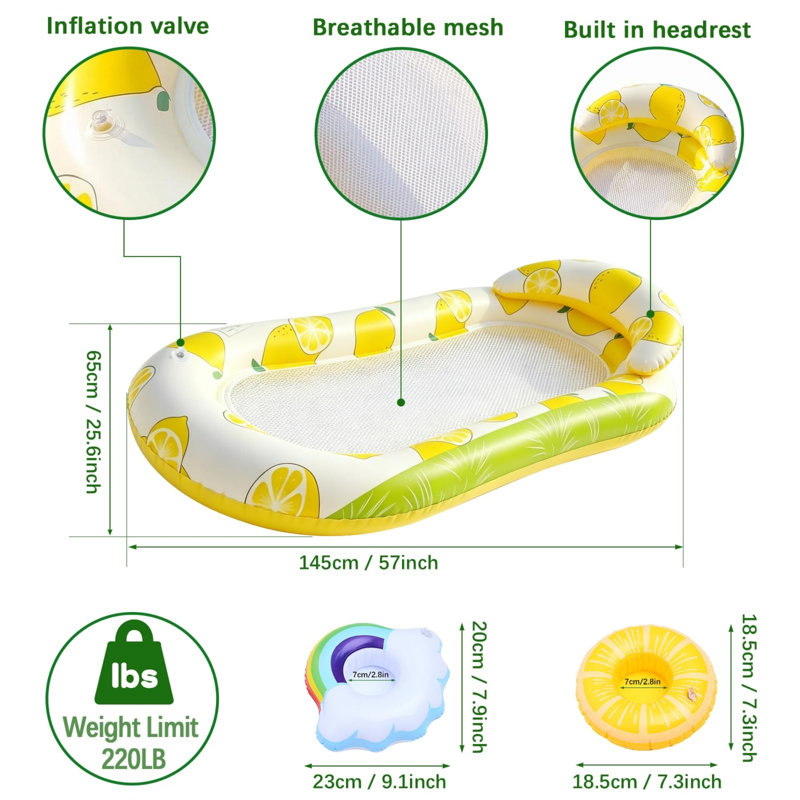 Adult Mesh Inflatable Water Hammock Lilo Pool Lounger with Headrest & Dual Cup Holders, Comfort Tanning Float for Swimming Pool Beach Lake Summer Parties