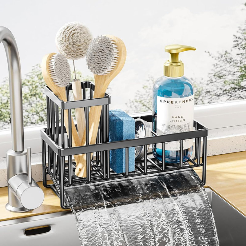 Sponge Holder for Kitchen Sink - Rustproof Stainless Steel Sink Caddy Organization and Storage Essentials with High Brush Holder, Home Decor Accessories, 7.9" x 3.7" x 6.2", Black