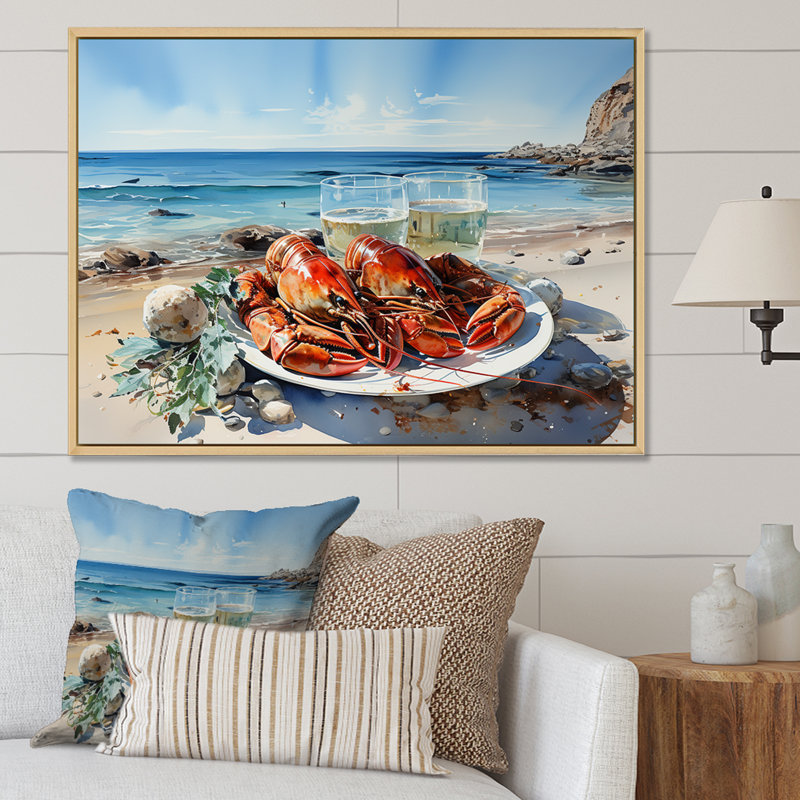 Assiette plate homard avec vue sur l'océan, Cadre naturel flottant, 24" H x 32" W