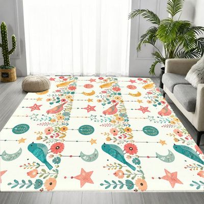 Tapis mignon avec guirlande florale d'oiseau, motif boho fantaisiste, tapis antidérapant lavable à la machine, décoration intérieure vibrante pour le salon, la chambre à coucher, le dortoir, un appartement