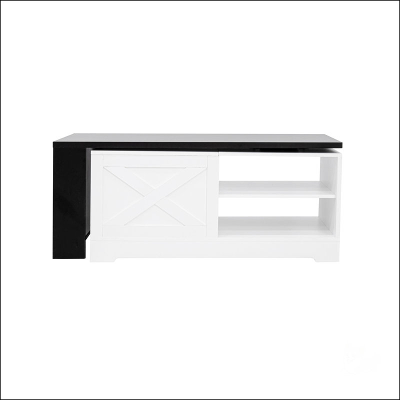 Table basse à plateau relevable U-Can avec portes de grange, table centrale rectangulaire en bois avec grand rangement caché et armoire ouverte