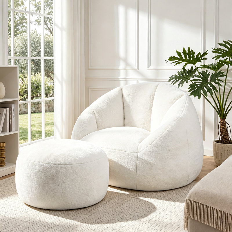 Fauteuil à billes surdimensionné à compression avec repose-pieds, canapé à billes en microfibre, Beige
