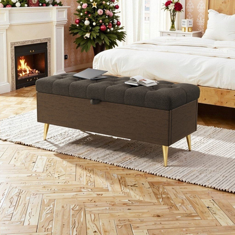44.7L x 17.9W x 19.3H Upholstered Storage Ottoman Bench With Boucle Fabric And Metal Legs, Coffee