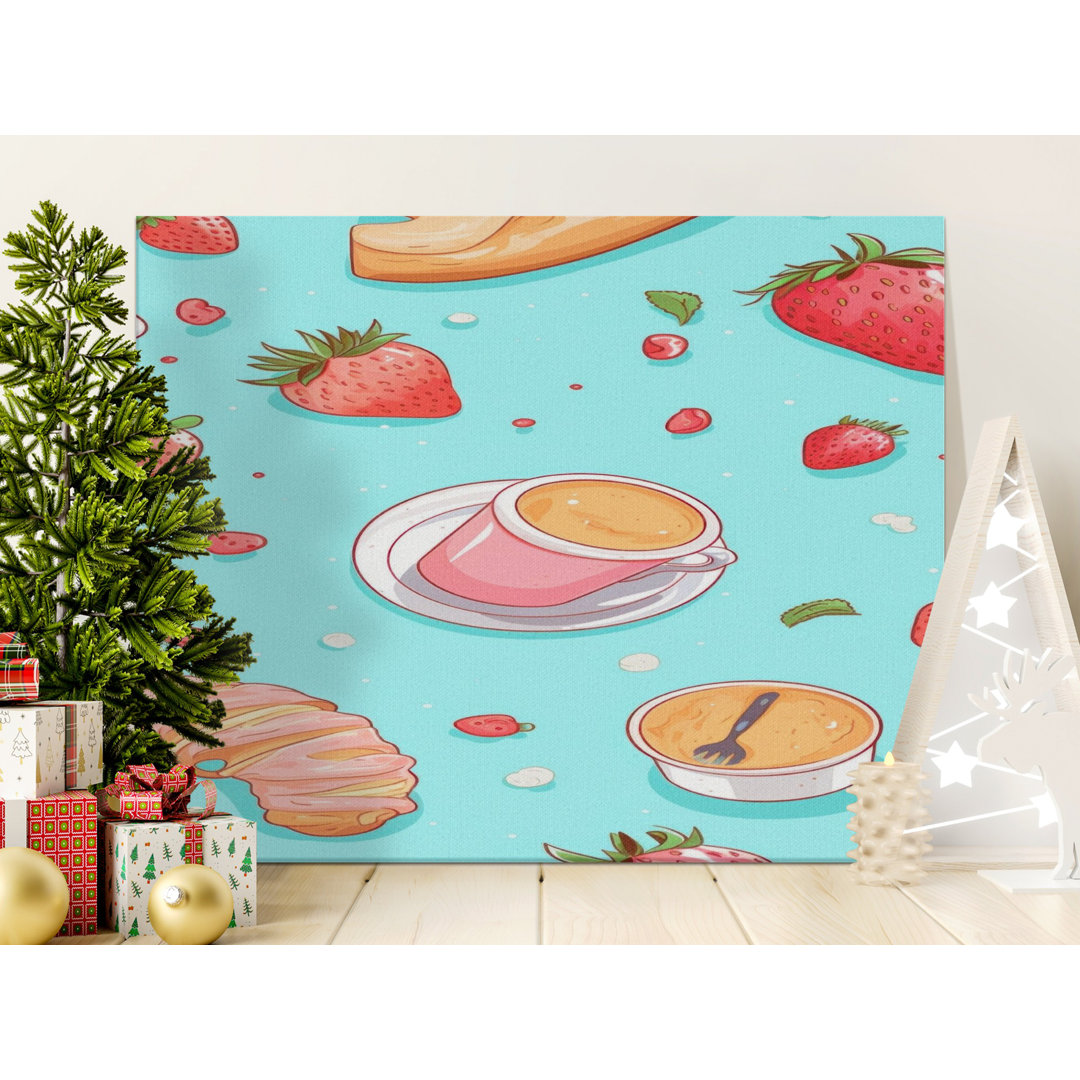 Cute Pastel Breakfast Food Canvas Print, Strawberry Croissant Coffee Wall Art, Kawaii Kitchen Decor Gift for Foodies