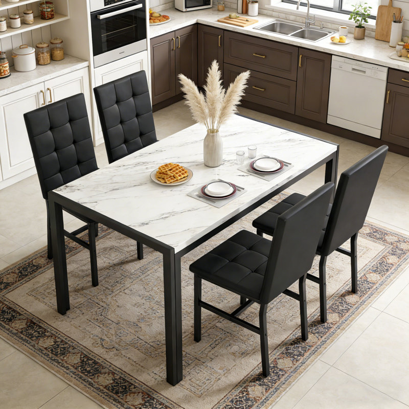 Ensemble de table de salle à manger 5 pièces pour 4 personnes, table de salle à manger moderne en faux marbre avec 4 chaises rembourrées en tissu écossais, table de cuisine moderne et ensemble de chaises pour petit espace, salle à manger, coin repas