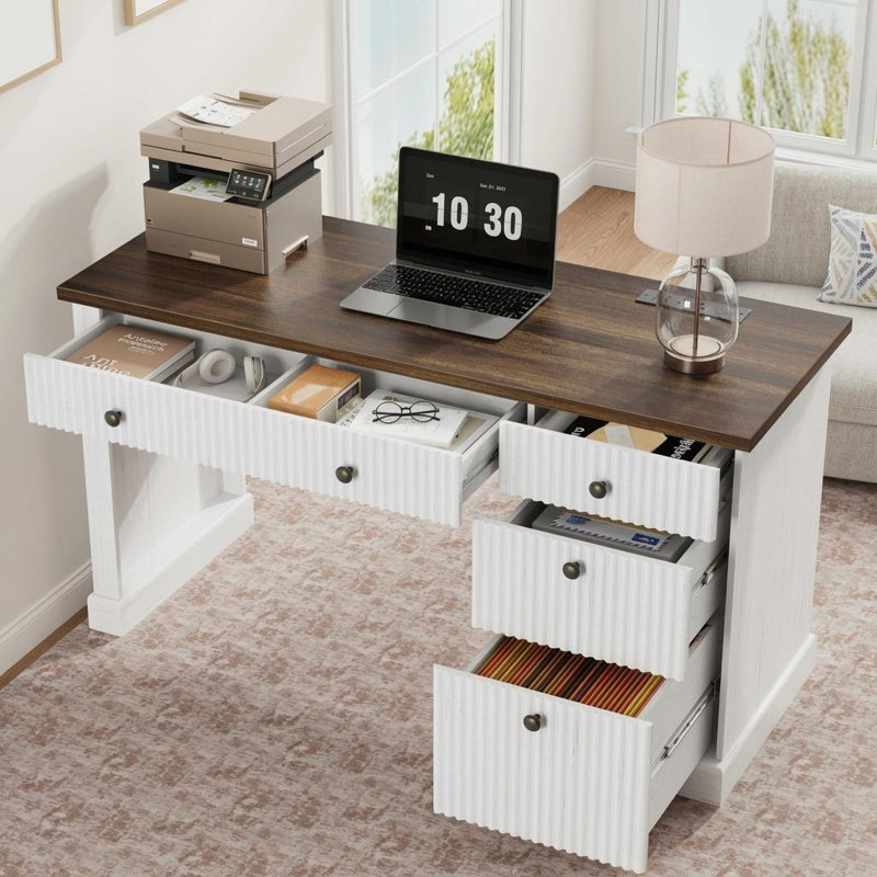54" Gray Modern Fluted Executive Desk Wooden Writing Computer Table with File Drawers Storage Cabinet & Charging Station Home Office or Small Spaces