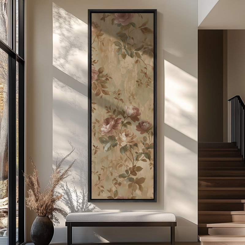 «Vintage Rose Garden Soft Floral» - Reproduction d'art encadrée sur toile encadrée, H 60 po x l 20 po x P 1,5 po, Noir