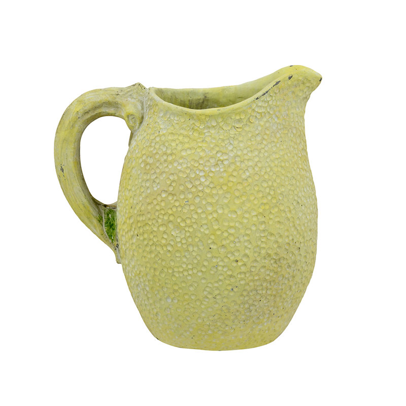 7.5X5.5X8" Lemon-Themed Sand And Cement Pitcher Vase With Textured Yellow Finish, 7.9" H x 7.7" W x 5.7" D