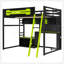 Lit mezzanine double en bois avec bureau, tablettes, lumières DEL, ports USB et panneau perforé, noir et vert-129747081