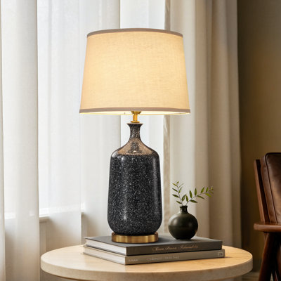 29.5" Tall Ceramic Table Lamp with Linen Drum Shade, Stepless Dimming and Brushed Gold Base
