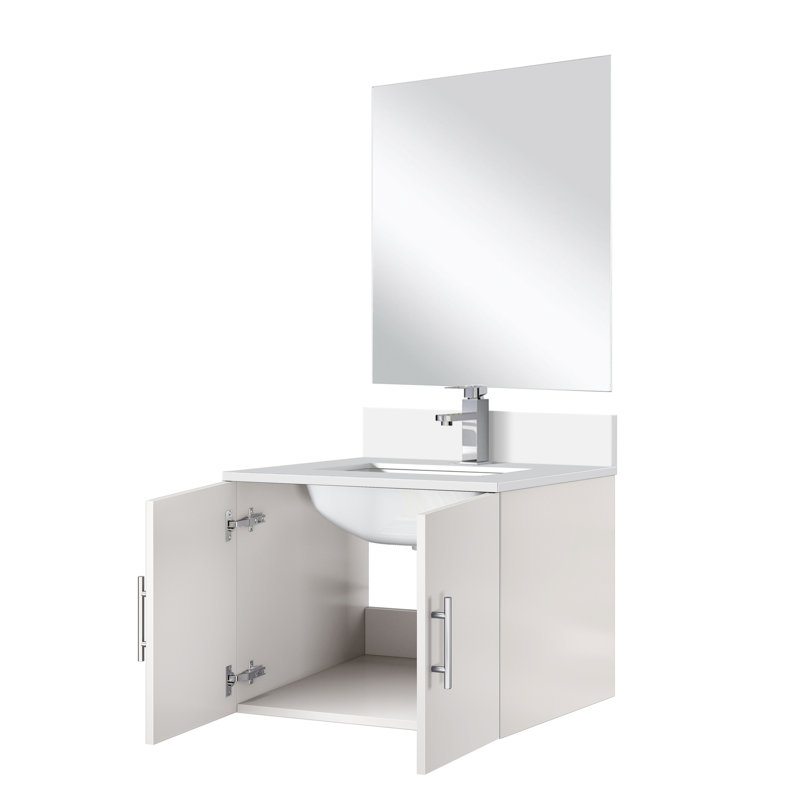 24 po L x P 22 po. Meuble-lavabo blanc brillant avec comptoir en quartz, miroir et robinet - surface de teinture blanche, P, comptoir et 18 inclus