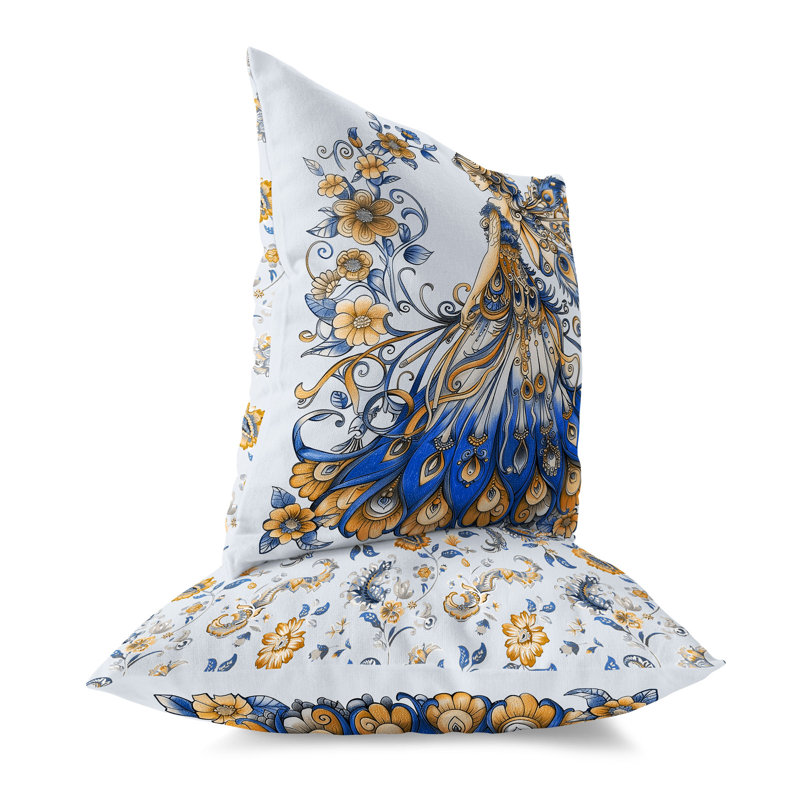 Coussin Floral, H 18 po x l 18 po, Bleu / Orange