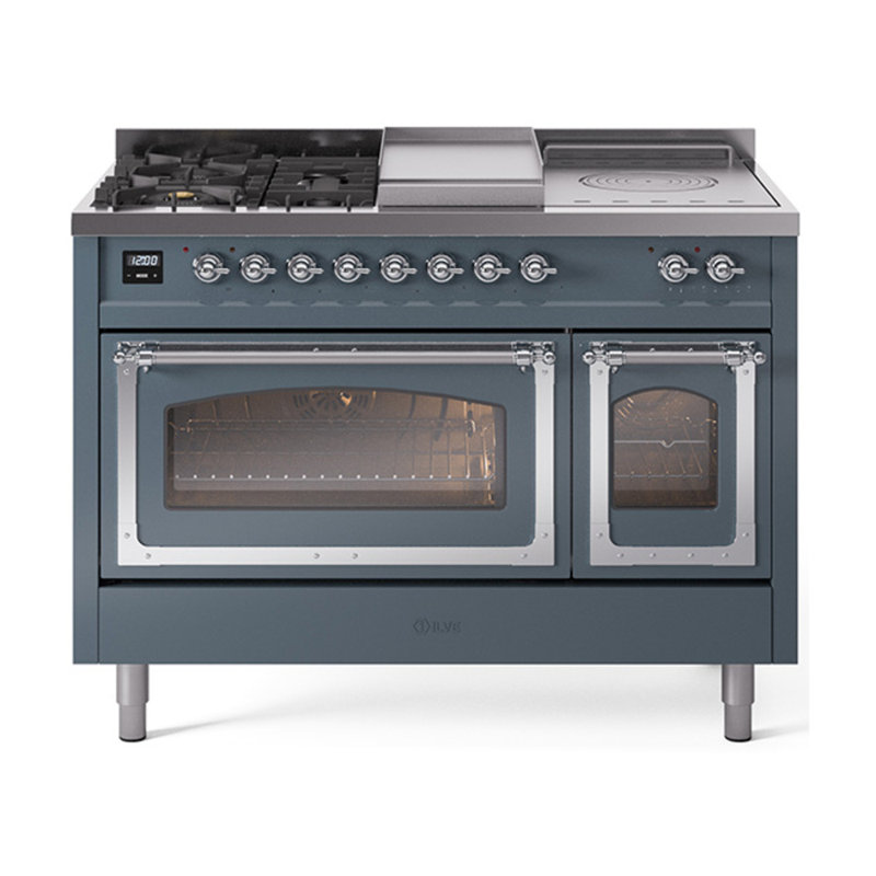 ILVE Nostalgie II Series Noblesse 48 inch Dual Fuel Range 5 Sealed Burners, Griddle, Frenchtop (Glass Door), Liquid Propane