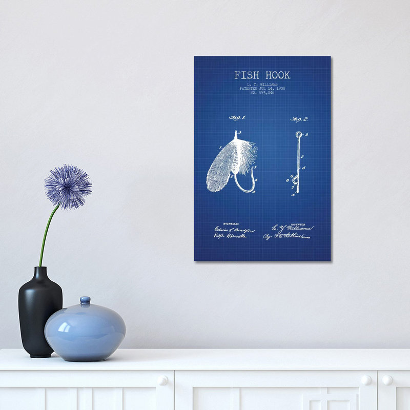 L.Y. Williams Fish Hook Patent Sketch (Blue Grid) by Aged Pixel - Wrapped Canvas Painting