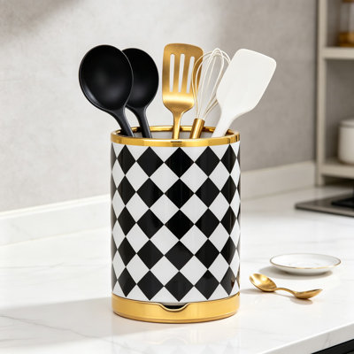Ensemble d'ustensiles à carreaux noir et blanc avec repose-cuillère doré, grand organisateur de cuisine en céramique pour comptoir, élégant décor de cuisine à carreaux