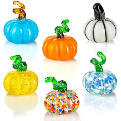 6 pièces de citrouilles d'Halloween en verre soufflé à la main, mini citrouilles, citrouilles d'Halloween, décorations de fruits en verre pour l'Action de grâce, récolte d'automne et figurine de collection