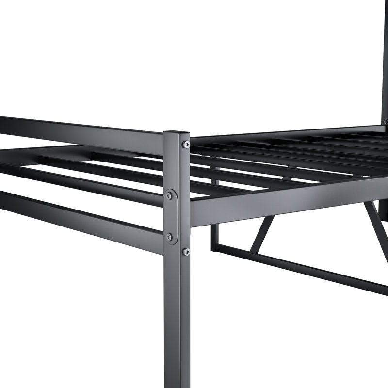 Structure de lit plateforme simple en métal avec tête de lit - Stable, sans sommier, repose-tête et tête de lit silencieux, noir, printemps, nuit